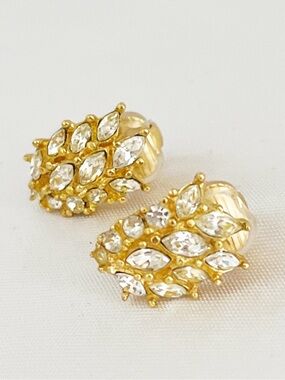 DIOR Vintage Gold Plated Marquise Cut Crystal Cluster Clip On Earrings